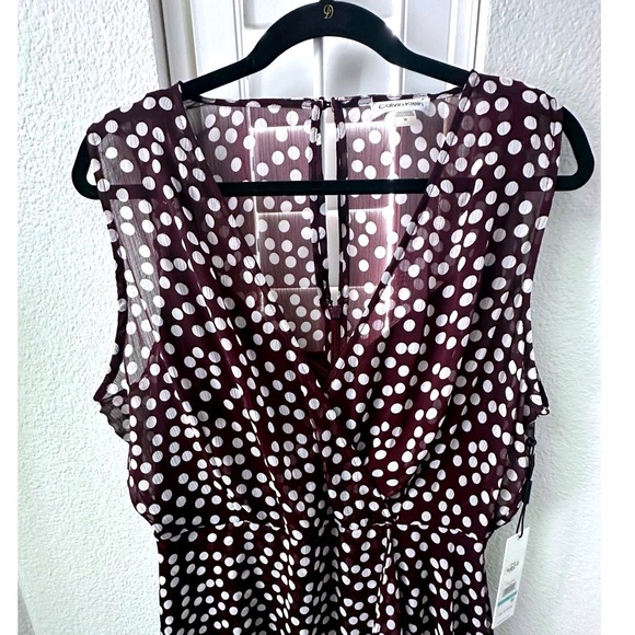 Calvin Klein Women's Burgandy White Polkadot Sleeveless Midi Dress Size 16 NEW - Picture 3 of 13